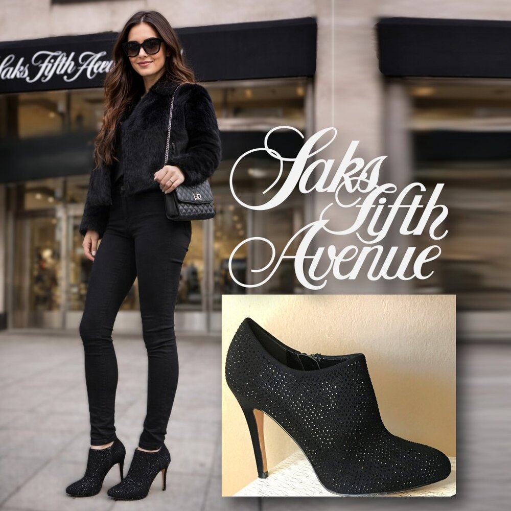 𝐒𝐀𝐊𝐒 𝐅𝐈𝐅𝐓𝐇 𝐀𝐕𝐄𝐍𝐔𝐄 "Wren" Black Rhinestone Booties ⋆⋆⋆⋆